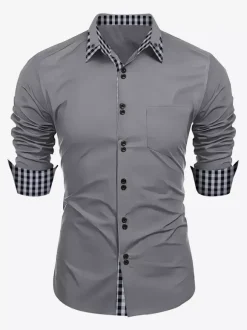 Casual Shirts For Men Double Buttons Slim Fit Turndown Collar Long Sleeve Plaid Men's Shirts