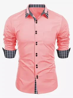 Casual Shirts For Men Double Buttons Slim Fit Turndown Collar Long Sleeve Plaid Men's Shirts