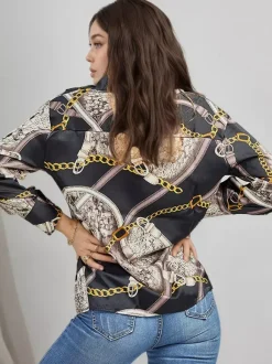 Chain Print Satin Long Sleeve Button Down Shirt Front Tie Cropped Blouse