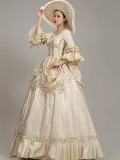 Champagne Retro Tudor Dress Costumes Women's Lace Ruffles Polyester Tunic Hat Dress Euro-Style Marie Antoinette Costume Vintage Clothing