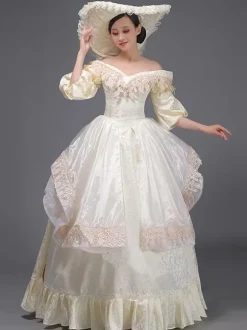Champagne Retro Tudor Dress Costumes Ruffles Marie Antoinette Costume Polyester Dress Women's Vintage Tunic Vintage Clothing