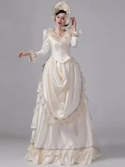 Champagne Bustle Victorian Dress Long Sleeves Lace Ruffles Flare Sleeves Retro Dress With Hat