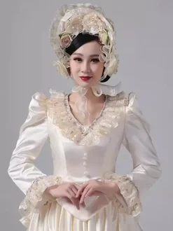 Champagne Bustle Victorian Dress Long Sleeves Lace Ruffles Flare Sleeves Retro Dress With Hat