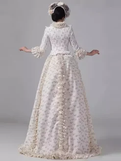 Champagne Bustle Victorian Dress Floral Long Sleeves Countryside Polyester Maxi Retro Dress With Hat