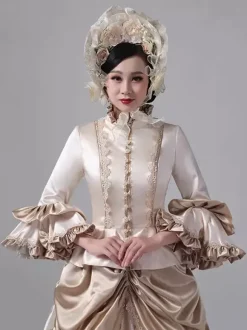 Champagne Bustle Victorian Dress Long Flare Sleeves Ball Maxi Ruffles Retro Dress