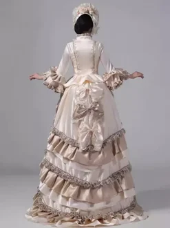 Champagne Bustle Victorian Dress Long Flare Sleeves Ball Maxi Ruffles Retro Dress