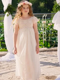 Champagne Flower Girl Dresses Jewel Neck Short Sleeves Lace Formal Kids Pageant Dresses