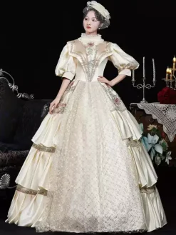 Champagne Retro Costumes Flowers Polyester Floral Print Marie Antoinette Costume Dress Women's Retro Vintage Clothing