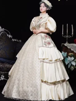 Champagne Retro Costumes Flowers Polyester Floral Print Marie Antoinette Costume Dress Women's Retro Vintage Clothing