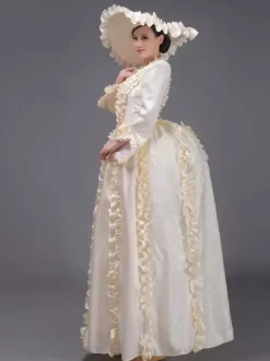 Champagne Bustle Vicorian Dress Padded Shourlders Long Sleeves Polyest Elegant Ball Retro Dress With Hat