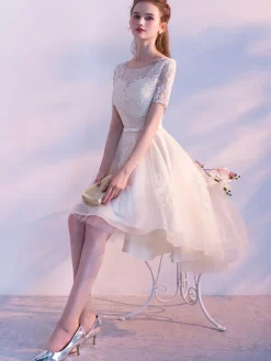 Champagne Cocktail Dress Tulle Prom Dresses Short Sleeve Lace Applique Sash Round Neck A Line High Low Party Dresses Free Customization
