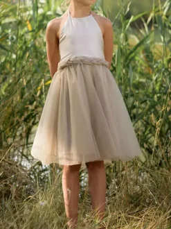 Champagne Flower Girl Dresses Halter Sleeveless Knee Length A Line Bows Kids Party Dresses