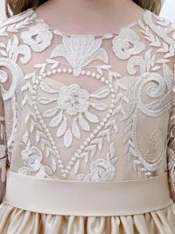 Champagne Flower Girl Dress Lace Jewel Neck Half Sleeves Kids Birthday Party Dresses