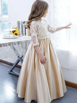 Champagne Flower Girl Dress Lace Jewel Neck Half Sleeves Kids Birthday Party Dresses