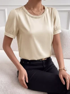 Champagne Glossy Silk Satin Pearl Trim Crew Neck Short Sleeve Bodysuit