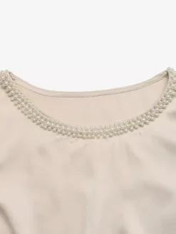 Champagne Glossy Silk Satin Pearl Trim Crew Neck Short Sleeve Bodysuit