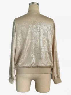 Champagne Gold Women's Bomber Jacket - Zip Up Ribbed Trim Slim Fit - Metallic Spring Party Outerwear 2026
