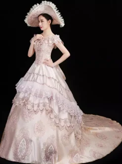 Champagne Retro Costumes Women's Floral Print Ruffles Bows Marie Antoinette Costume Polyester Set Dress Hat Retro Party Prom Dress