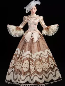Champagne Retro Costumes Women's Embroidered Ruffles Polyester Set Hat Dress Retro Marie Antoinette Costume Masquerade Ball Gown