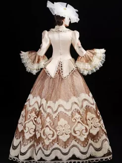 Champagne Retro Costumes Women's Embroidered Ruffles Polyester Set Hat Dress Retro Marie Antoinette Costume Masquerade Ball Gown
