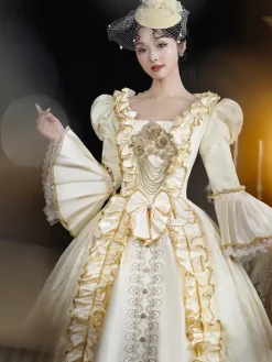 Champagne Retro Costumes Women's Lace Ruffles Polyester Headwear Dress Retro Marie Antoinette Costume 18th Century Costume