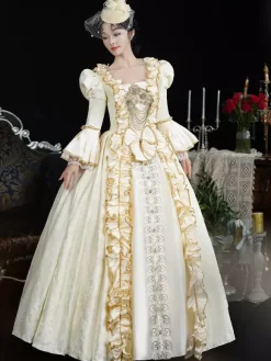 Champagne Retro Costumes Women's Lace Ruffles Polyester Headwear Dress Retro Marie Antoinette Costume 18th Century Costume