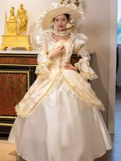 Champagne Retro Tudor Dress Costumes Women's Marie Antoinette Costume Lace Ruffles Polyester Tunic Dress Choker Vintage 18th Century Costume