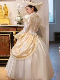 Champagne Retro Tudor Dress Costumes Women's Marie Antoinette Costume Lace Ruffles Polyester Tunic Dress Choker Vintage 18th Century Costume