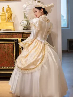 Champagne Retro Tudor Dress Costumes Women's Marie Antoinette Costume Lace Ruffles Polyester Tunic Dress Choker Vintage 18th Century Costume