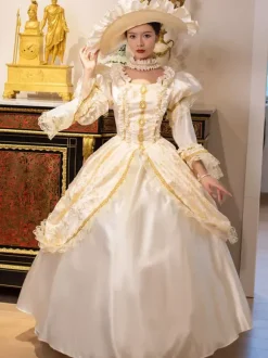 Champagne Retro Tudor Dress Costumes Women's Marie Antoinette Costume Lace Ruffles Polyester Tunic Dress Choker Vintage 18th Century Costume