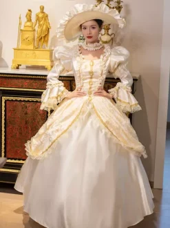 Champagne Retro Tudor Dress Costumes Women's Marie Antoinette Costume Lace Ruffles Polyester Tunic Dress Choker Vintage 18th Century Costume