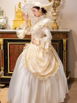 Champagne Retro Tudor Dress Costumes Women's Marie Antoinette Costume Lace Ruffles Polyester Tunic Dress Choker Vintage 18th Century Costume