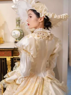 Champagne Retro Tudor Dress Costumes Women's Marie Antoinette Costume Lace Ruffles Polyester Tunic Dress Choker Vintage 18th Century Costume