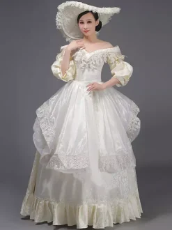 Champagne Retro Tudor Dress Costumes Women's Lace Ruffles Polyester Marie Antoinette Costume Tunic Dress Hat Vintage Masquerade Ball Gown