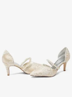 Champagne Wedding Shoes Lace Pearls Flower Embrodered Bridal Pumps