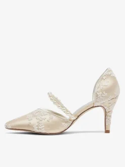 Champagne Wedding Shoes Lace Pearls Flower Embrodered Bridal Pumps