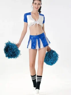 Cheer Leader Costume Women Blue Two Tone Sexy Mini Skirt With Crop Top