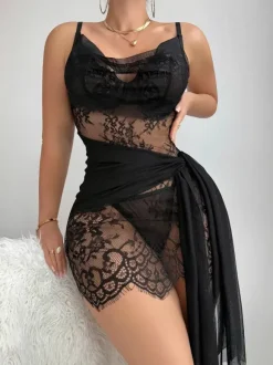 Chemise Black Lace Trim Babydoll Sheer Wrap Tulle Nightwear Lingerie