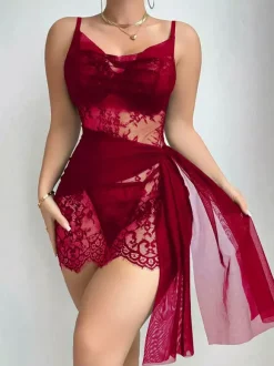 Chemise Black Lace Trim Babydoll Sheer Wrap Tulle Nightwear Lingerie