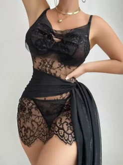 Chemise Black Lace Trim Babydoll Sheer Wrap Tulle Nightwear Lingerie