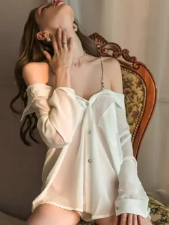 Chemise White T-Strap Backless Sheer Button-Down Nightshirt Chiffon Lingerie