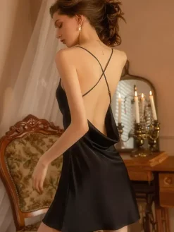 Chemise Burgundy Champagne Satin Chemise Nightgown Backless Lingerie