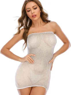 Chemise For Women Lycra Spandex Rhinestones Strapless Backless Black Lingerie