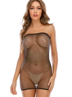 Chemise For Women Lycra Spandex Rhinestones Strapless Backless Black Lingerie