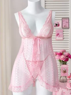 Chemise Pink Lace Backless Pink Polka Dot Sheer Bow Babydoll Lingerie