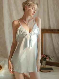 Chemise Ruffles Bow Solid Color Chemise