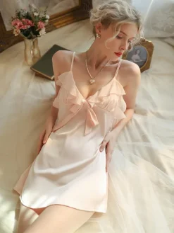 Chemise Ruffles Bow Solid Color Chemise