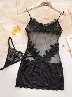 Chemise Sheer Floral Lace Babydoll Spaghetti Strap See-Through Mesh Mini Lingerie Slip Dress