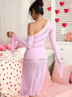Chemise Valentine's Day Pink Fishnet Off-Shoulder Hollow-Out Sheer Mesh Lingerie Dress