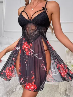 Chic Daily Casual Lace Floral Print Black Babydolls & Chemises